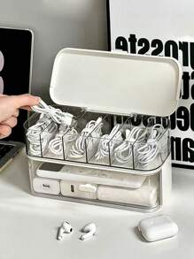 1pc Desktop Data Cable Storage Artifact Mobile Phone Charger Charging Cable Sorting Grid Winder Power Cord Storage Box - White - View 2