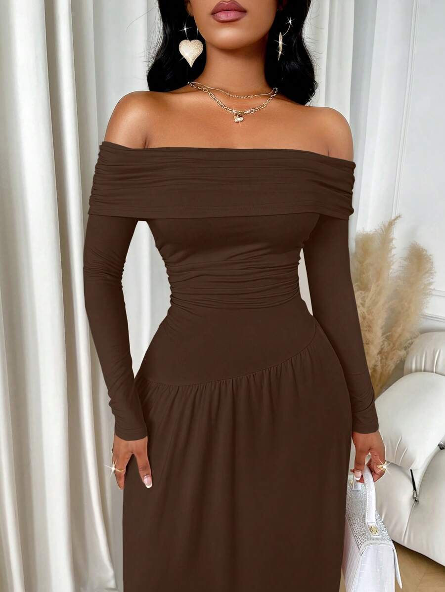 Solid Color Off-Shoulder Ruffle Asymmetric Waist Long Sleeve Elegant Maxi Dress For Women, Suitable For Party, Date, Back To School, Autumn/Winter Spring
