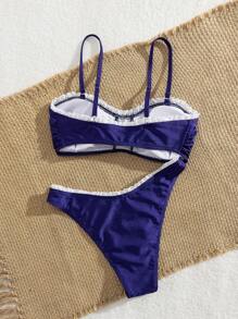 Summer Summer Beach Vacation Women's Ruffled Solid Color Bow Bikini Suit Beach - Blue - View 2