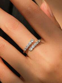 1pc S925 Sterling Silver Zirconia Sparkle Double Row Adjustable Open Ring For Women, Everyday Wear Unique Quality Personalized Gift