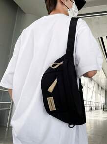 1pc Fashion Minimalist Solid Color Letter Print Adjustable Strap Zipper Closure Chest Bag/Waist Bag, Casual Daily, Sporty, Travel, Street Style, Lightweight, Water-Resistant, Multi-Compartment Nylon Peach Tree, For Men Pouch Phone Bag - Black - View 6