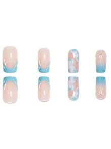1 Box Of 24pcs Coffin Shaped French Manicure Nails, Blue White Ombre Marble Texture, 3D Striped & Shell Pattern Press On Nails Set, Removable Designed For All Girls And Women, Comes With Nail File