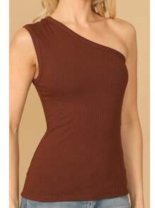 One Shoulder Ribbed Top - Brown - View 4