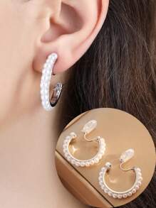 1 Pair Pearl Decor Clip-On Earrings For Women, High-End Elegant Slimming Ear Accessories Suitable For Daily Wear, Gift For Her
