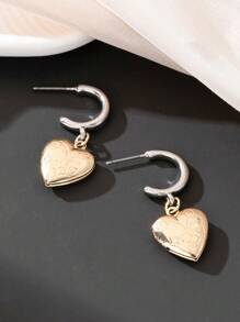 一对时尚精致小金属爱心照片盒吊坠女士耳环约会礼物 - 金銀色 - 查看 5