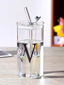 1pc A-Z Flower Letter Pattern Square Glass Cup, Simple And Heat-Resistant Flat Bottomed Cup For Office And Household Use, Milk Coffee Cup With Square Mouth, Bridesmaid Gift, Birthday Gift