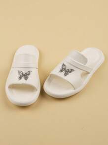 Sandalias de plástico de moda para mujeres, pantuflas de verano, pantuflas de playa con diseño suave y bonito de dibujos animados blancos - Mariposa con flores - Ver 2