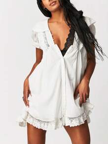 Women's 2025 Summer Short Sleeve Casual Short Mini Dresses Lace Patchwork Hem V Neck A-Line Sundress - White - View 2