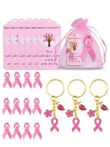 6pcs/12pcs Breast Cancer Promotional Accessories, Breast Cancer Women's Inspirational Gifts, Women's Pink Breast Cancer Promotional Decorations, Red Ribbon Brooches,Including Transparent Gauze Bag And Greeting Card, Women's Love Friendship Party Encouragement Gift,Car Keychains