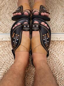 男士平底舒适阿拉伯刺绣/提花一脚蹬凉鞋 - 黑色卡其 - 查看 4