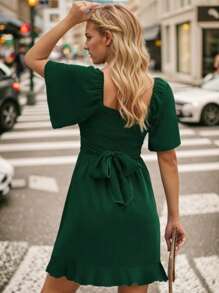 tooluck Women's Wrap V Neck Short Flared Sleeve Dress Smocked Elastic Waist Tiered Belted Ruffle Hem Mini Dress - xanh quân đội - Xem 4