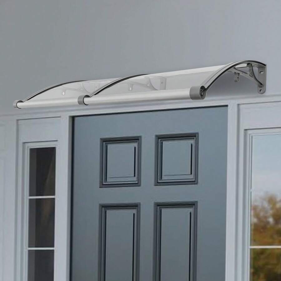 Marquesina para puerta de entrada 120 x 60 cm, caseta de lluvia para puerta de entrada en exteriores, marquesina para puerta de entrada de aleación de aluminio fundido a presión, marquesina transparente con arco de medio punto - transparente - Ver 1