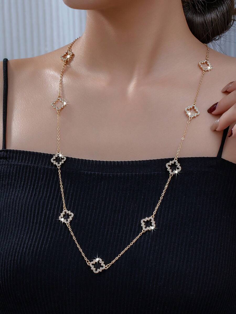 1 件女式珐琅花卉吊坠长项链，时尚街头服饰毛衣链 - 金黃色 - 查看 1