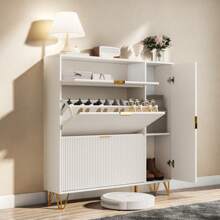 Modern White Wooden Shoe Cabinet For The Entrance Area, Shoe Storage With 2 Folding Drawers, A Top Shelf And A Side Shelf For Boots, Offers Space For Up To 24 Pairs Of Shoes - 白色 - 查看 10
