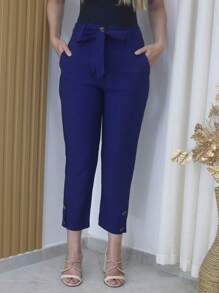 Linen Pants With High Waist Belt - 藏蓝色 - 查看 2