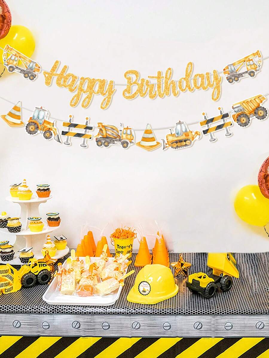 一套工程车主题生日易拉宝，生日装饰横幅，生日背景装饰，生日房间装饰，生日礼物派对用品