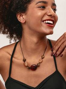 1pc Bohemian Style Acrylic Resin Brown Pendant Necklace, Thick Multicolor Beaded Statement Yellow Brown Fashion Jewelry, Beaded Necklaces For Women - Acrylic Pendant Necklace for Women - View 7