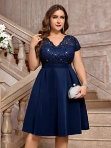 Plus Elegant V-Neck Contrast Sequin Floral Lace Prom Cocktail Party Swing Dress, Wedding Guest Dress, For Birthday, Graduation, Homecoming