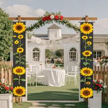 1 para (11,8*70,8 cala/30*180 cm) dwustronna dekoracja drzwi z motywem kwiatowym wiosennym ze wzorem słonecznika, materiał poliestrowy, wisząca ozdoba na werandę Happiness Spring, dekoracja ścienna do wewnątrz/na zewnątrz, lambrekin na drzwi imprezowe, wiszący baner w stylu wiejskim i podwórkowym, wiosenna dekoracja pokoju - nie wymaga zasilania, idealna na przyjęcie świąteczne w domu i na zewnątrz