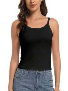 GEREARC Women's Tank Tops Scoop Neck Slim Fitted Spaghetti Strap Summer Tops Sleeveless Basic Tank Tops Basic Fashion  Shirts - 黑色 - 查看 1