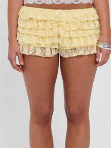 Women Lace Bloomer Shorts Y2K Sexy Low Rise Ruffle Lolita Pettipants Layered Pumpkin Pants Ruched Mini Booty Shorts - 黃色 - 查看 2