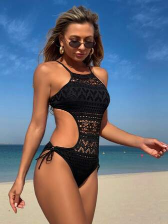 2025 Summer New Arrival Lace One-Piece Boho Cinched Waist Sexy Slim Swimsuit