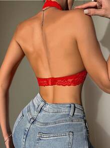 Viomisha 1 Piece Women's Halter Top Bra Sexy Lace Bra  Lace Bralette Triangle Cup Bra Backless Bra Back Buckle Shoulderless Halter Neck Underwear. - Đen+Trắng+Đỏ - Xem 10
