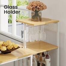 Breakfast Bar Table And Stools Set, 3 PCS Bar Table Set With Glass Holders, Wine Racks, Storage Shelves & Adjustable Foot Pads, Dining Table And 2 Bar Stools For Kitchen, Living Room - Oak - View 2
