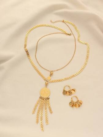 1 Set de collar y aretes de joyería de aleación de cobre vintage chapado en oro con diseño de hoja y cadena multicapa, adecuado para uso diario de mujeres y como regalo festivo