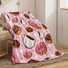 1pc Cozy Cartoon Donut And Coffee Print Fleece Blanket - Super Soft Lightweight And Warm Throw With Pink Background And Playful Donut And Cupcake Design - Perfect For Couch Bed Travel Camping And Home Decor - Ideal For Snuggling Up On Chilly Days And Nights Wearable Blanket
