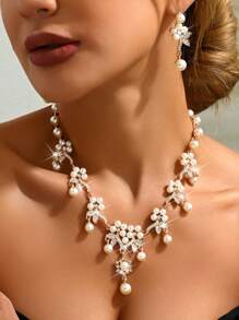 4pcs Geometric Faux Pearl Multilayer Necklace, Earring & Bracelet Jewelry Set, Casual Luxury Retro Style, High-End For Women - Multicolor - View 10