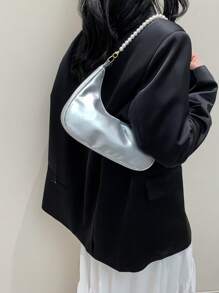 1pc Fashionable Pearl Chain Crescent Shoulder Bag, Stylish Shoulder Baguette Bag, Handheld Small Bag, Outdoor Casual Bag, Versatile Work Bag, Elegant Pearl Bag - Silver - View 4