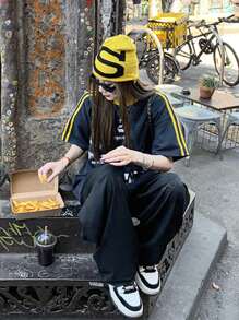 女士宽松条纹撞色字母印花短袖 T 恤，百搭休闲夏季上衣