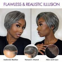 短款精灵短发假发 灰白相间 100% 雷米真人发 4x4 蕾丝前假发 透明蕾丝假发 高清蕾丝灰色假发 送给妈妈的礼物