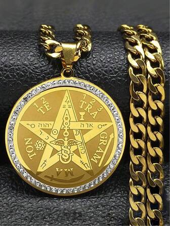 Tetragrammaton Pentagram Necklace For Men Stainless Steel Crystal Gold Color Amulet Necklace