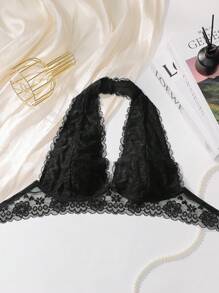 Viomisha 1 Piece Women's Halter Top Bra Sexy Lace Bra  Lace Bralette Triangle Cup Bra Backless Bra Back Buckle Shoulderless Halter Neck Underwear. - màu đen - Xem 4