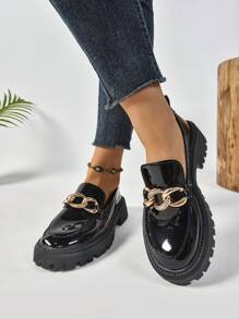 Black Chain Decor Slip-On Platform Loafers For Women, Preppy British Style, Suitable For Spring/Autumn