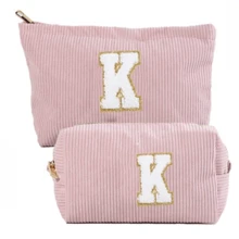 2pcs Pink Minimalist Embroidered Letter Corduroy Makeup Pouch, Large Capacity Portable Handbag Travel Cosmetic Bag, Mother's Day Gift - Pink - View 15