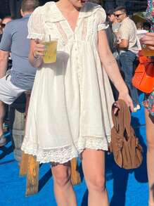 Women's 2025 Summer Short Sleeve Casual Short Mini Dresses Lace Patchwork Hem V Neck A-Line Sundress - White - View 6