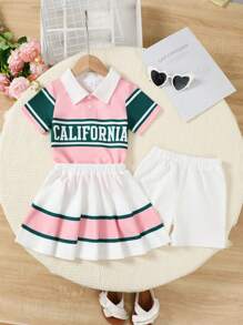 3 stuks/set meisjes casual outfit - polo shirt + A-lijn rok + shorts, school stijl sportieve chique veelzijdige set