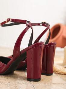 Plus Size Women's Fashion Pointed Toe Chunky Heel High Heels, Sexy Casual Party Shoes, Closed Toe Sandals, Spring/Summer, Wine Red - Burgundy - View 6