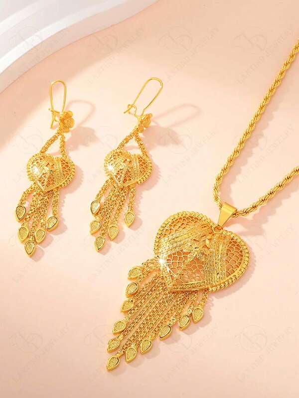 Dubai Fashionable 24K Gold Plated Necklace & Hollow Floral Heart Pendant Bridal Tassel Earrings 2pcs Set Middle East Copper Jewelry Set For Women
