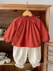 Spring New Baby Girl Set, Ruffled Collar Long Sleeve Top + Solid Color Loose Comfortable Pants, 2pcs - Burgundy - View 4