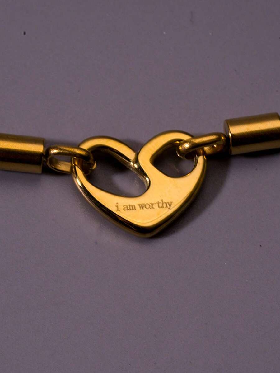 不锈钢爱心吊坠项链 我值得拥有一款刻有男女通用图案的棒状颈链项链，适合作为自己的礼物 - 金色 - 查看 1