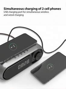 Bluetooth Speaker With Wireless Charging, Bluetooth Speaker With LED Clock Alarm, Wireless Charging Speaker - Black - View 1