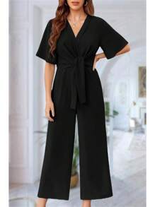Larisa Womens Wide Leg Jumpsuit Short Sleeve Tie Knot Front Summer Long Romper Stylish Outfit - 黑色 - 查看 1