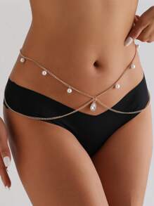 1pc Minimalist Faux Pearl & Rhinestone Decor Waist Chain, Party/Formal Dress Cinch Belt, Sexy Body Chain