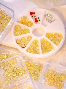 6-Grid Box Nail Rivet Decoration Accessories Golden Hollow Shape Decoration Shell Conch, Crescent Star And Heart-Shaped Diamond Crown For DIY Nail Decoration Handmade Creative Accessories