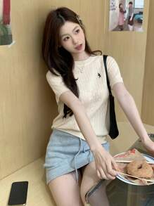 Áo len dệt kim cổ tròn thêu họa tiết phong cách Hàn Quốc cho bé gái, áo tay ngắn nhẹ nhàng cho mùa hè, thường ngày, mặc ở nhà, đi làm, trở lại trường - Màu be - Xem 2