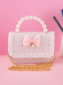 1 件儿童串珠手提包蕾丝花边装饰蝴蝶结吊坠珠子贴花亚麻亮片材料带扣封口可爱单肩包斜挎包公主包适合节日和日常使用 - 棉麻小蝴蝶結吊珠 - 查看 1